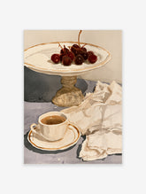 Watercolour still life art print of a white pedestal dish with cherries and a coffee cup on a neutral background