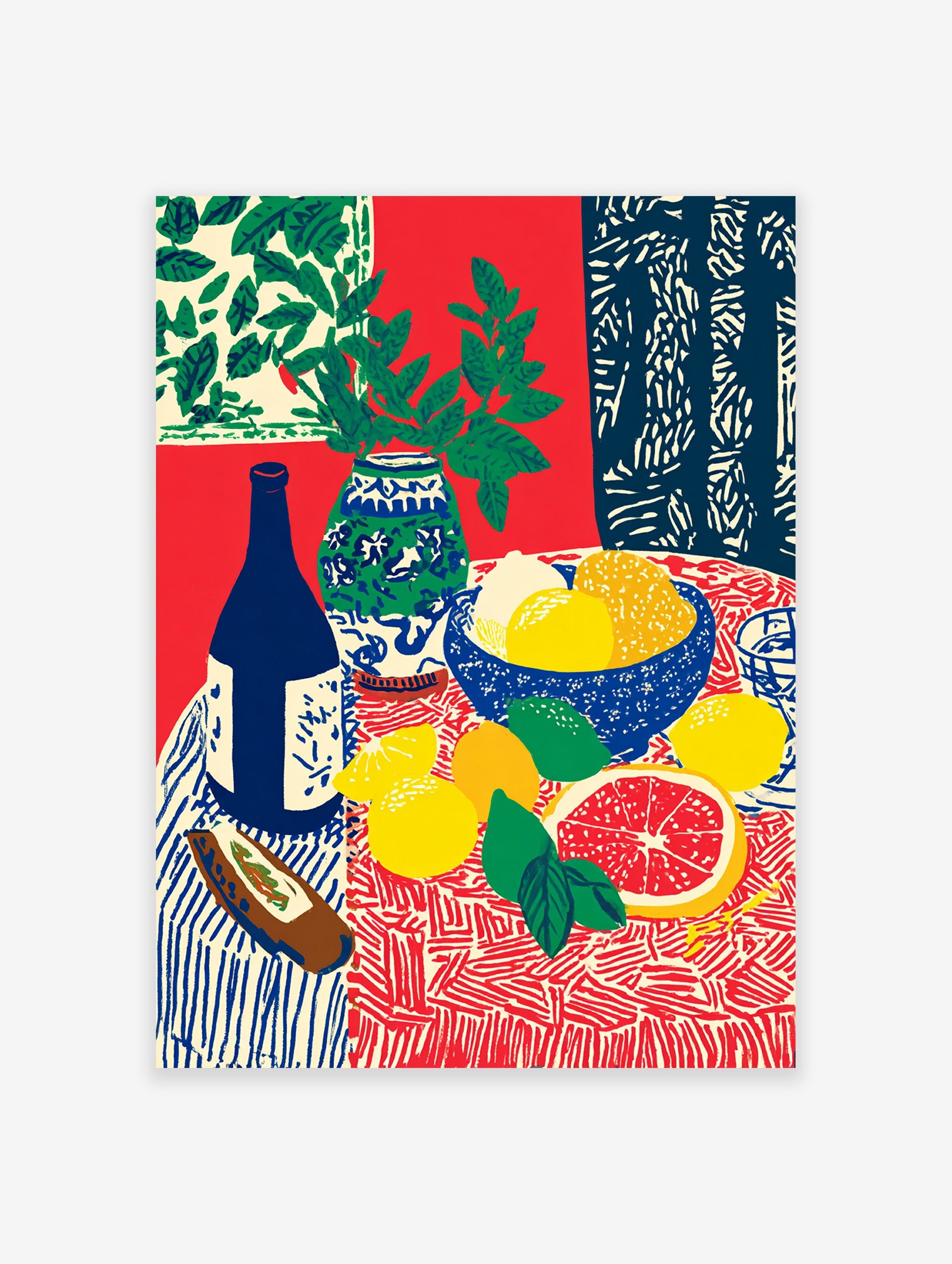 Still life fruit poster with lemons, grapefruit, limes, blue bottle, and vase with green leaves on a patterned red and blue tablecloth.