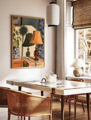 Watercolor painting of a lamp and sunflower vase on a table with blue curtains and a prominent, in a styled room mockup