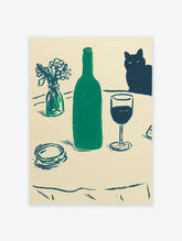 Still life painting featuring a green bottle, wine glass, vase of flowers, and a black cat on a cream background.