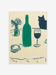 Still life painting featuring a green bottle, wine glass, vase of flowers, and a black cat on a cream background.