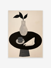 Minimalist still life illustration featuring a vase, cup, and napkin on a round table in black and white