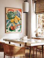 Watercolor still life illustration of a green teapot, lemons, and a wooden spoon on a striped, in a styled room mockup