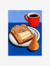 Still life illustration of seeded toast with butter, red coffee mug, and a pear on a blue background