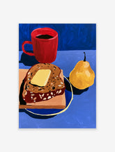 Illustrative still life art print of a red coffee mug, bread with butter, and a yellow pear on a bold blue background