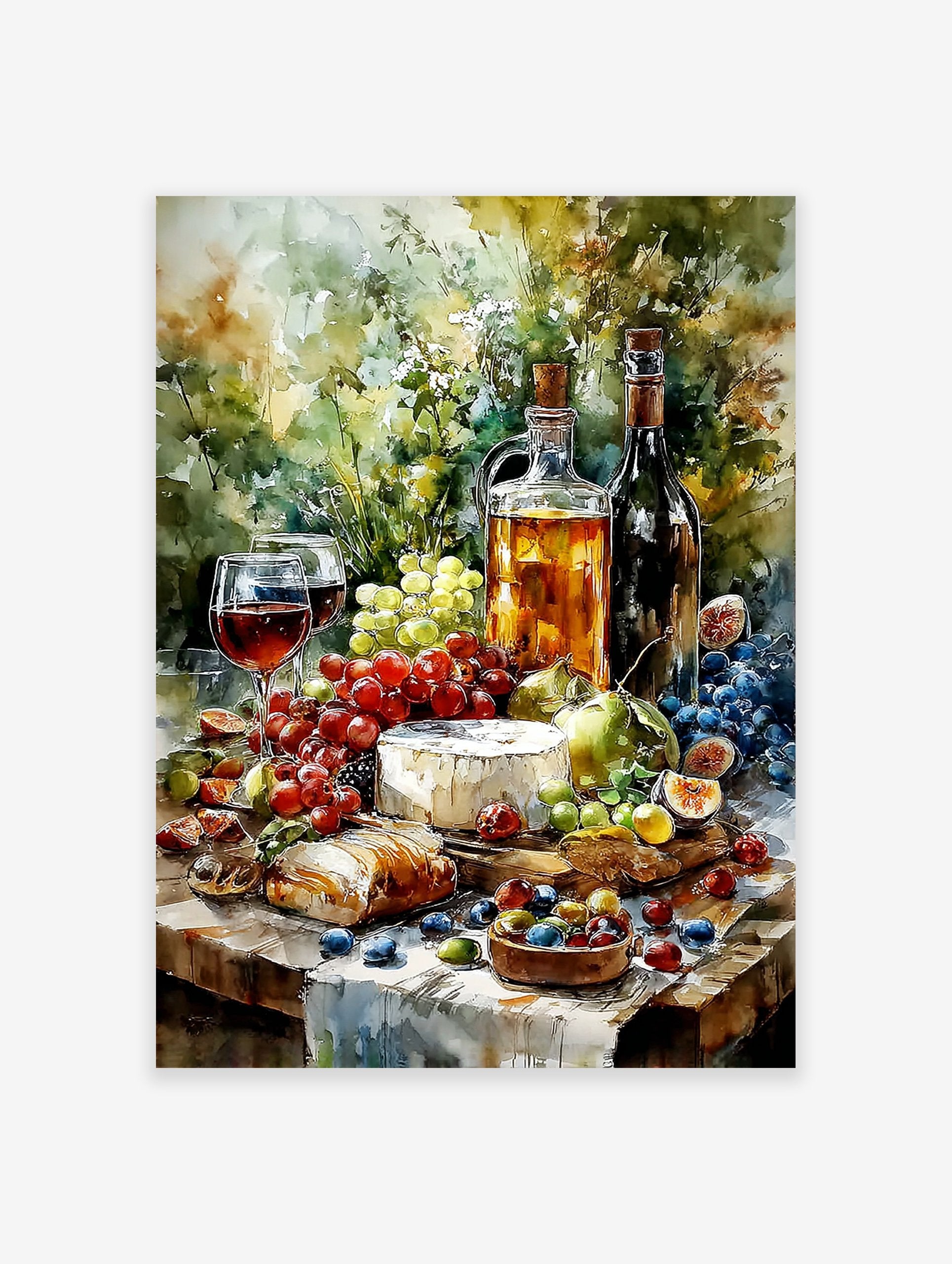 Still Life Wine & Cheese Poster. Watercolor painting of a gourmet spread with wine, cheese, grapes, figs, and bread on a table.