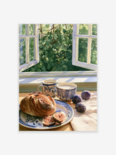 Still life watercolour illustration of bread, figs, and blue patterned mugs by an open window with green foliage