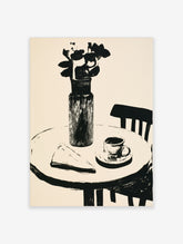 Black and white still life illustrative art print featuring a vase of flowers, a coffee cup, and cake on a round table