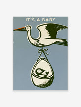Stork baby announcement poster with flying bird carrying bundle and 'IT'S A BABY' text on blue background