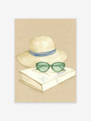 Sketch illustration of a straw hat with blue ribbon, green sunglasses, and a book on a beige background