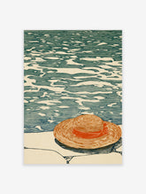 Straw hat with orange band on pale sand beside rippling blue water, woodcut style coastal poster