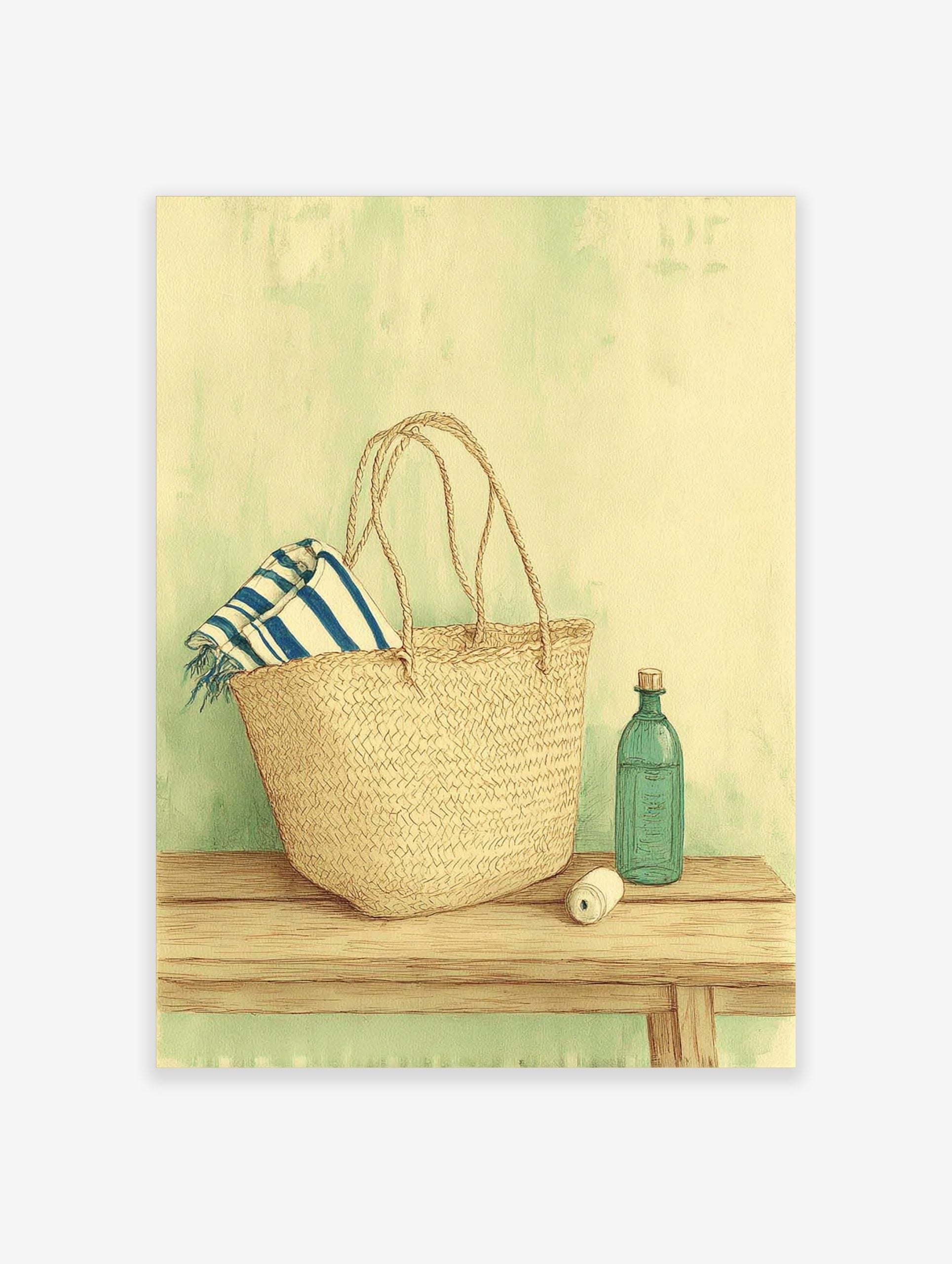 Illustrative print of a straw market bag with a striped towel, green bottle, and spool on a wooden bench
