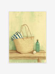 Illustrative print of a straw market bag with a striped towel, green bottle, and spool on a wooden bench