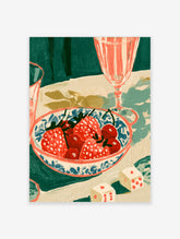 Retro still life poster of strawberries in a blue bowl, striped glass, and dice on a green table
