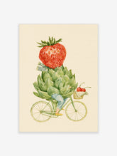 Watercolour poster of a cyclist with a strawberry head and artichoke body on a green bicycle with cherries