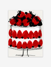 Red strawberry cake poster with two tiers, black seeds, and white background