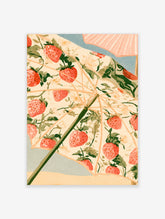 Strawberry umbrella art print with red fruit and green leaves on a cream canopy
