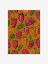 Illustrative strawberry wall art pattern with red and golden strawberries, green leaves on a textured orange background