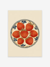 Six red strawberries on a cream plate with blue trim and leaves, botanical illustration wall art print.
