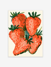 Red strawberry wall art print with four painted berries and green leafy tops on cream background