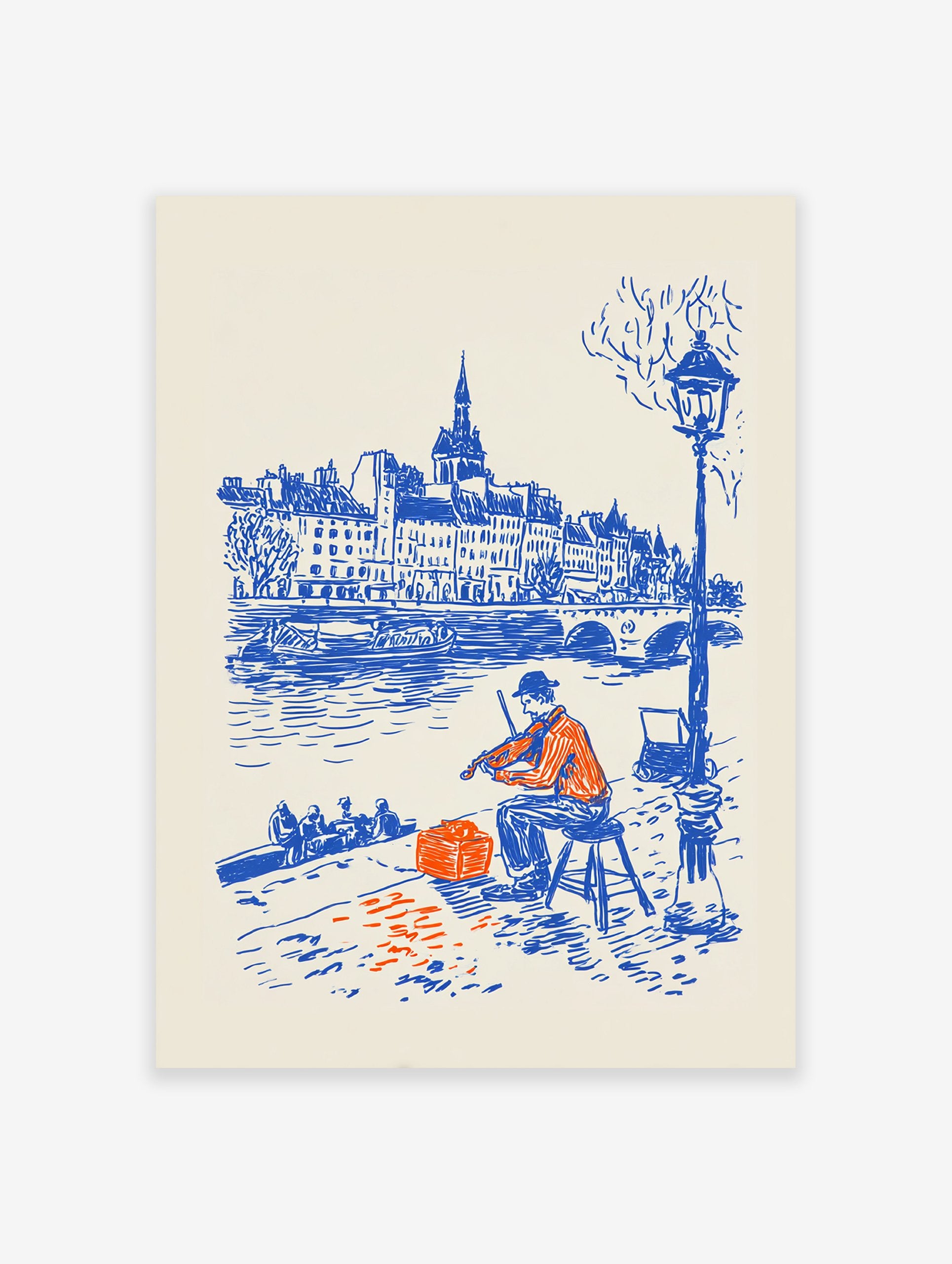 Street musician poster of a man playing violin by a river in a blue and orange illustration of a city.