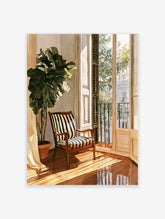 Watercolor illustration of a striped armchair and fiddle leaf fig plant by a sunlit window with city view outside