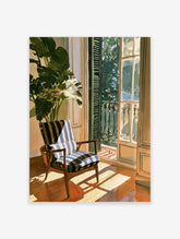 Illustrative art print of a striped armchair beside a large potted plant and an open balcony door with sunlight shadows