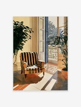 Watercolor illustration of a striped armchair near an open balcony with lush plants and sunny interior lighting