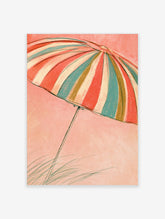 Striped beach umbrella wall art with pink, teal, and cream panels on a peach background