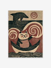 Illustrative art print of a striped cat sitting in a boat with a dolphin and swirling wind, in red, black, and cream