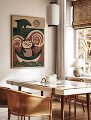 Illustrative art print of a striped cat sitting in a boat with a dolphin and swirling wind, in red, in a styled room mockup