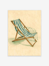 Illustrative sketch of a blue and white striped deck chair with a wooden frame on a light background