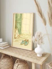 Illustrative print of blue and white striped espadrille shoes, a beige tote bag, and a green, in an alternate framed mockup