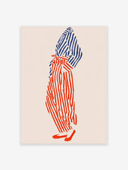 Abstract illustration of a person in bold red and blue striped clothing on a light background, modern wall art.