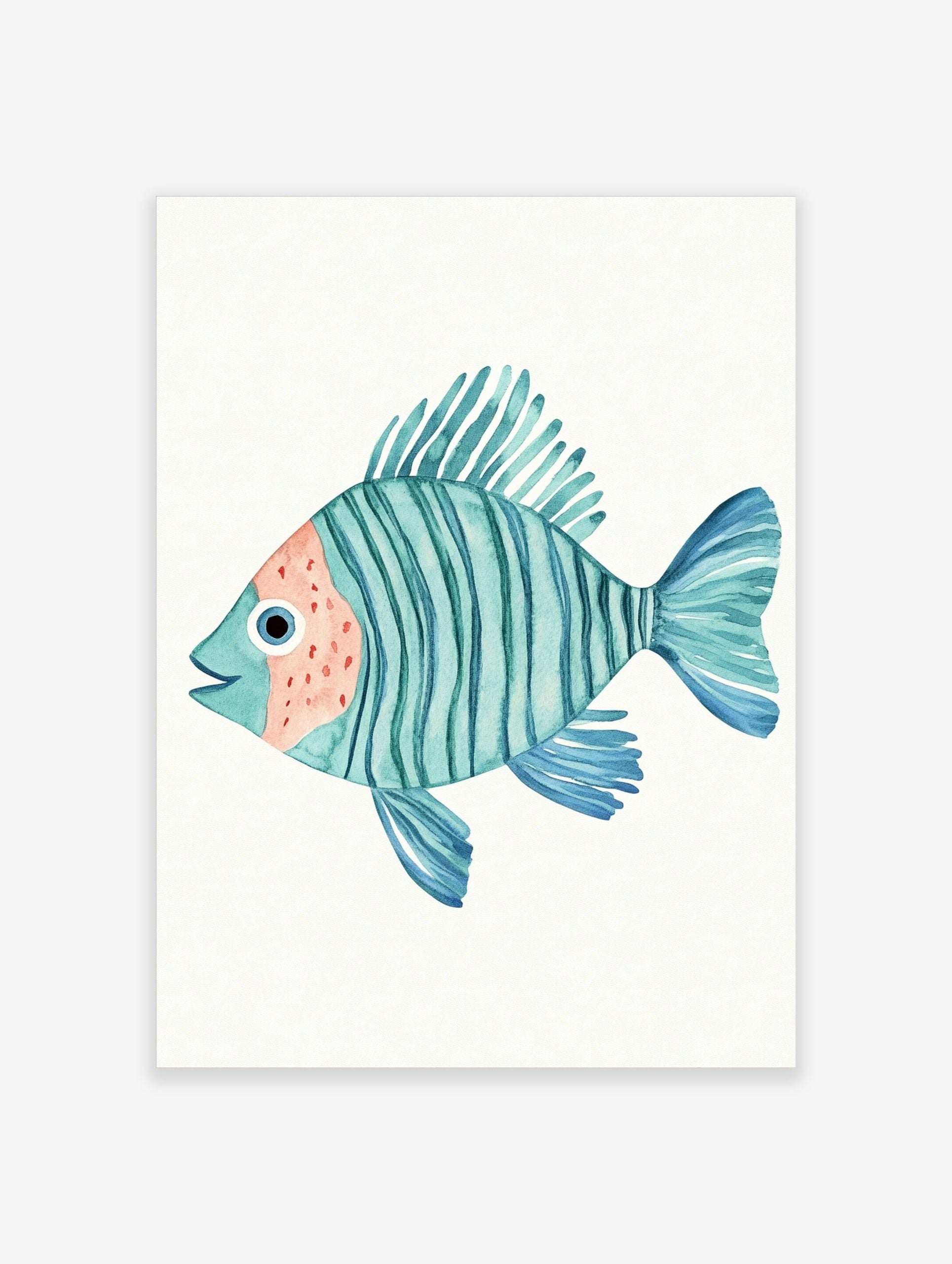 Watercolour illustration of a teal striped fish with peach face and blue fins on a white background