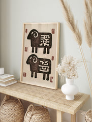 Stylised ram animal illustration with abstract markings on a cream background, in an alternate framed mockup