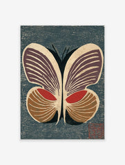 Stylised butterfly woodblock print with deep purple, red, and brown wings on a textured dark blue background