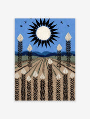 Stylised field art print with white-topped plants, black sun, blue sky, and distant mountains