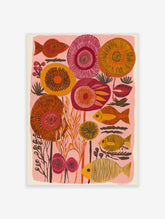 Stylised orange and yellow striped fish with abstract red and orange floral shapes on a pink background