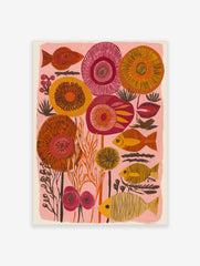 Stylised orange and yellow striped fish with abstract red and orange floral shapes on a pink background