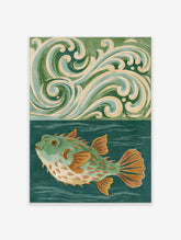 Stylised green fish with orange fins against teal background and swirling cream waves, illustrative art print