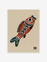 Stylised red fish illustrative art print with blue details on a tan background