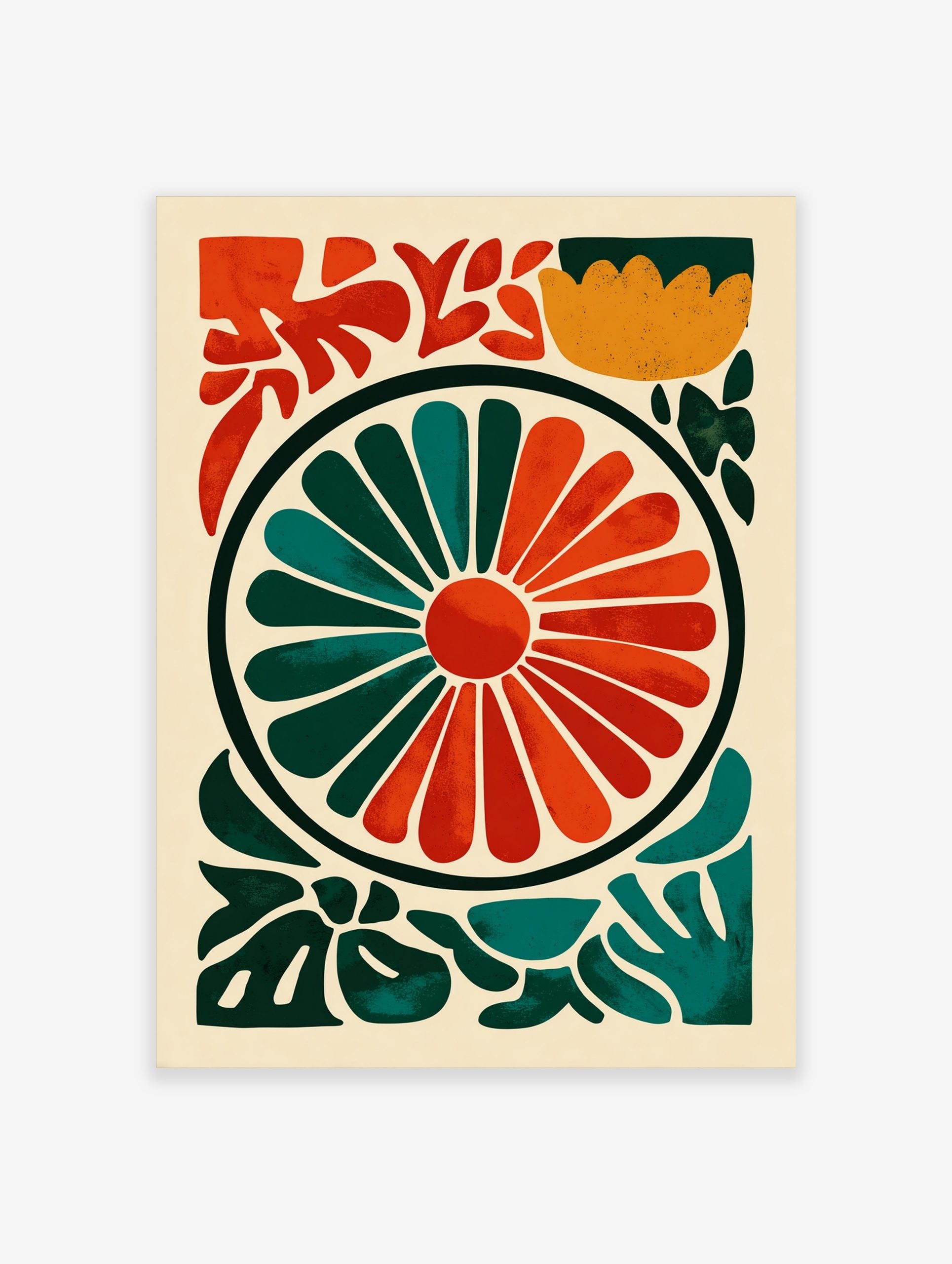 Abstract floral wheel art print with radiating orange and teal segments, surrounded by green organic shapes