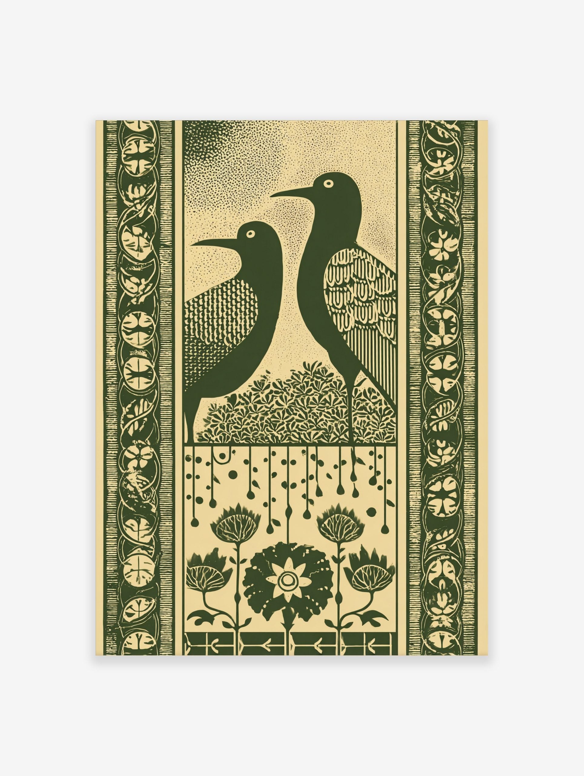 Art Nouveau style wall art print with two dark green stylised birds, leafy bush, decorative panel, and ornate borders on