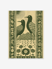Art Nouveau style wall art print with two dark green stylised birds, leafy bush, decorative panel, and ornate borders on