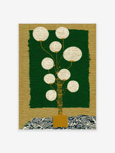 Stylised lantern plant wall art with golden stem, white spheres, dark green panel, and blue wave pattern