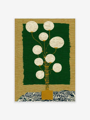 Stylised lantern plant wall art with golden stem, white spheres, dark green panel, and blue wave pattern
