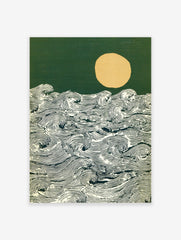 Stylised ocean waves with detailed lines, a pale yellow moon, and a dark green sky art print