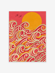 Stylised ocean waves wall art with a large golden sun, red sky, and layered waves in red, yellow, and mint green