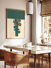 Stylised red flowers and leaves on a dark teal abstract shape against a cream background, in a styled room mockup